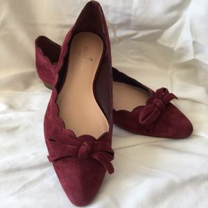 Kate Spade Burgundy Scalloped Suede Bow Flats